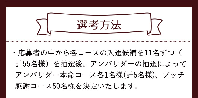 選考方法 応募者の中から各コースの入選候補を11名ずつ（計55名様）を抽選後、アンバサダーの抽選によってアンバサダー本命コース各1名様(計5名様)、ブッチ感謝コース50名様を決定いたします。