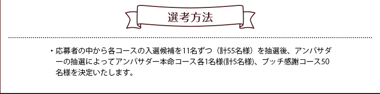 選考方法 応募者の中から各コースの入選候補を11名ずつ（計55名様）を抽選後、アンバサダーの抽選によってアンバサダー本命コース各1名様(計5名様)、ブッチ感謝コース50名様を決定いたします。