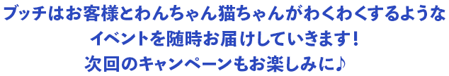 ブッチはお客様とわんちゃん猫ちゃんがわくわくするようなイベントを随時お届けしていきます！次回のキャンペーンもお楽しみに♪